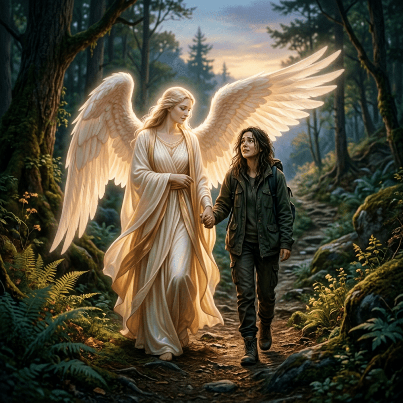 An angel in a flowing white gown with large glowing wings holding hands with a distressed woman walking through a forest.