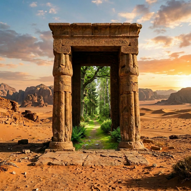Ancient stone gateway with Egyptian hieroglyphs in desert landscape at sunset